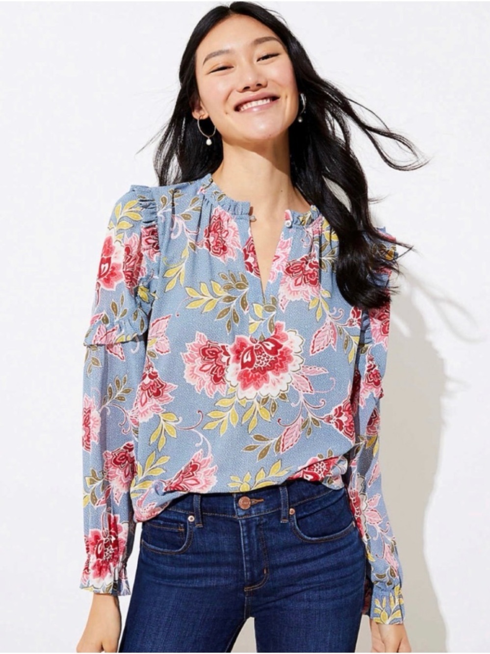 LOFT Blue Floral Garden Ruffle Split-Neck Blouse